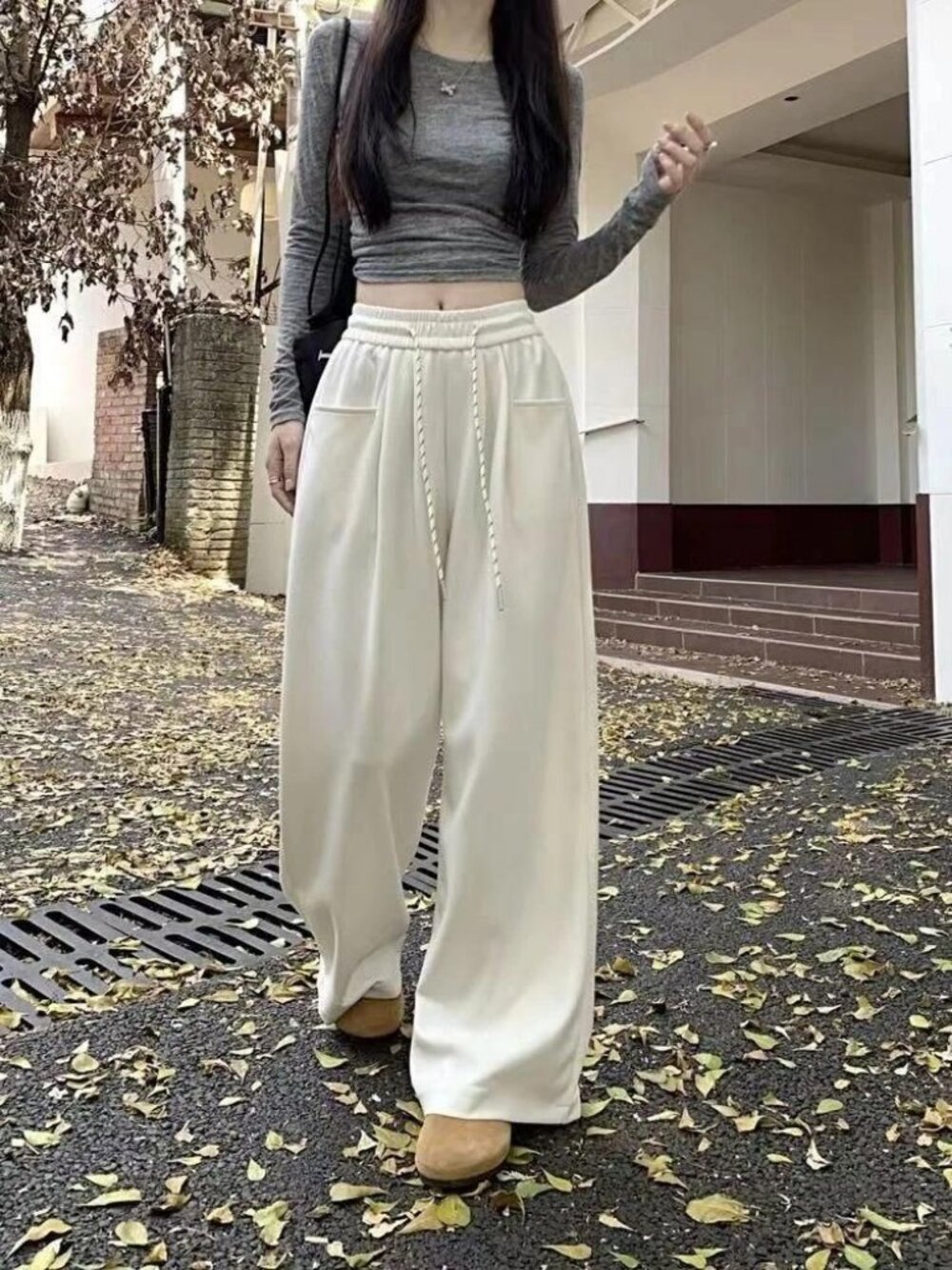 Y2K Wide Leg Drawstring Sweatpants High Waist Baggy Lounge Joggers Cream Navy